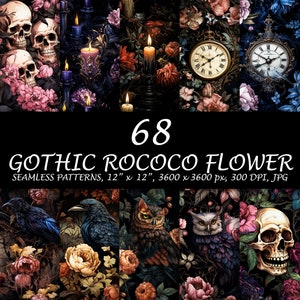 Gothic Rococo Seamless Pattern - Halloween Background Digital Paper - Gothic Flower Candle Art - Skull Skeleton - Floral Dark Oil Paint