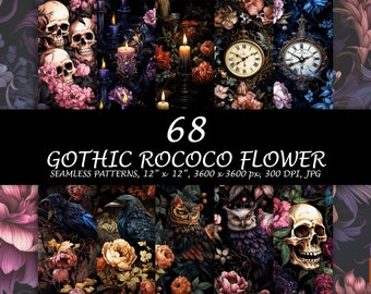 Gothic Rococo Seamless Pattern - Halloween Background Digital Paper - Gothic Flower Candle Art - Skull Skeleton - Floral Dark Oil Paint