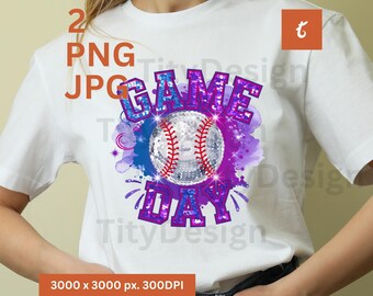May include: A white t-shirt with a purple and blue graphic design that says "GAME DAY" with a sparkly baseball in the center.