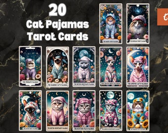 Könnte beinhalten: Ein Set mit 20 Tarotkarten, die Katzen in Pyjamas zeigen. Jede Karte zeigt eine andere Katzenrasse und ein einzigartiges Design. Die Karten sind in einem skurrilen Stil mit leuchtenden Farben und filigranen Details illustriert.