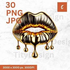 Gold Dripping Lips Clipart, 30 Metallic Lipstick Digital Stickers, Lip Art PNG Bundle for Sublimation & Print on Demand - Kissy Lips Png