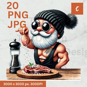 BBQ Chef Gnome Digital Clipart - Cute Grill Master Gnome PNGs for Crafts, Sublimation, and Cooking-Themed Designs - Watercolor Steak Gnome