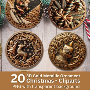 Gold Weihnachtsverzierung - 3D Gold Weihnachtsmedaille - 20 PNG Bundle Sublimationsdesign - Runde Weihnachtsdekoration - Festliche Aufkleber Clipart