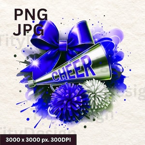 Cheer Blue White Watercolor Sublimation - Cheerleading With Pom Poms with Bow - Digital Download PNG - University Sports - College Activity