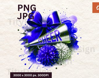 Cheer Blue White Watercolor Sublimation - Cheerleading With Pom Poms with Bow - Digital Download PNG - University Sports - College Activity