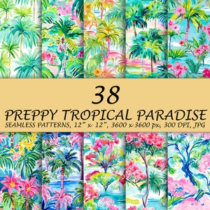 Preppy tropiskt paradismönster - 38 palmträd digitalt papper - sommar tropiskt paket - Paradise Island - blommig strand utskrivbar scrapbook