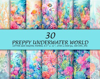 Preppy Paradise Underwater World Digital Paper - Summer Ocean Scrapbooking - Printable Scrapbook Paper - Vibrant Flower Floral - 8.5x11 inch