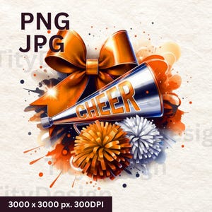 Cheer Orange White Watercolor Sublimation - Cheerleading Design with Pom Poms - University Sports - Digital Download PNG - Orange Black