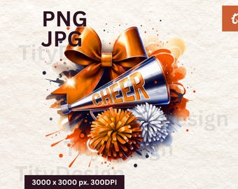 Cheer Orange White Watercolor Sublimation - Cheerleading Design with Pom Poms - University Sports - Digital Download PNG - Orange Black