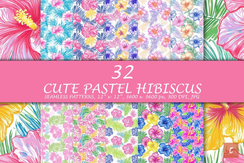 A collection of 32 seamless pastel hibiscus digital patterns featuring tropical flowers in pink, yellow, blue, and purple, ideal for scrapbooking, invitations, sublimation, and floral-themed digital projects.