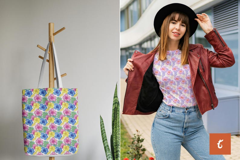 Puede incluir: Una bolsa de tela blanca con un estampado floral de flores rosas, amarillas y azules. La bolsa tiene una base de lona blanca y correas blancas.