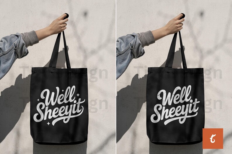 Two black tote bags held by a hand, each with “Well Sheeyit” design, one with sparkles and one distressed.