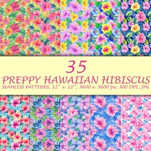Hibiscus Pattern, Preppy Hibiscus Seamless Patterns, Floral Pattern, Digital Paper, Digital Download, Scrapbook Paper, Tropical Pattern