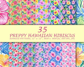 Wzór Hibiskusa, Preppy Hibiscus Seamless Patterns, Wzór Kwiatowy, Papier Cyfrowy, Pobieranie Cyfrowe, Papier Do Scrapbookingu, Wzór Tropikalny