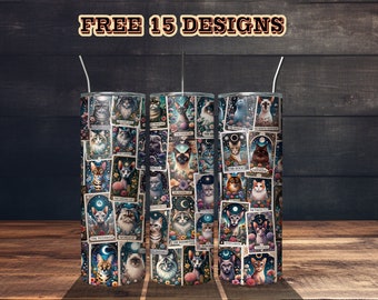 Cat Tarot Cards Tumbler - Pet Lover Wrap - Animal Tumbler Pattern - 20 30 oz Straight & Tapered PNG Sublimation Designs - Instant Download