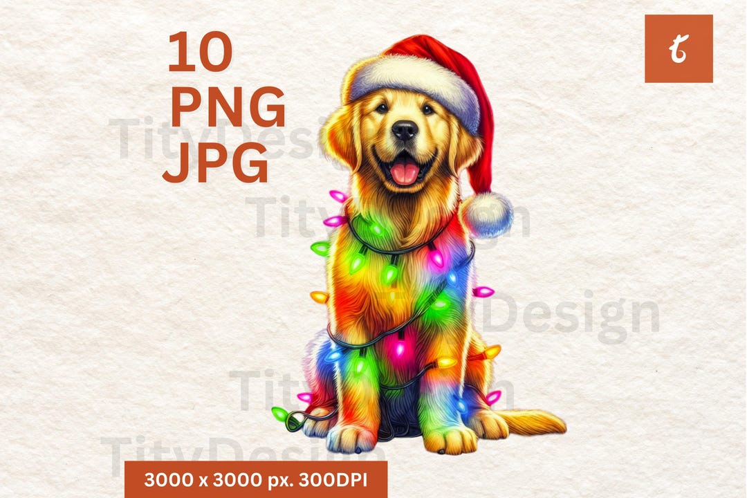 Christmas Golden Retriever Dog Png - Christmas Lights Santa Sublimation ...