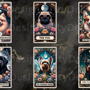 May include: Tarot card deck featuring different dog breeds, each card has a dog breed name and a roman numeral. The cards are illustrated with a dog breed in a colorful floral setting with a moon and stars in the background.