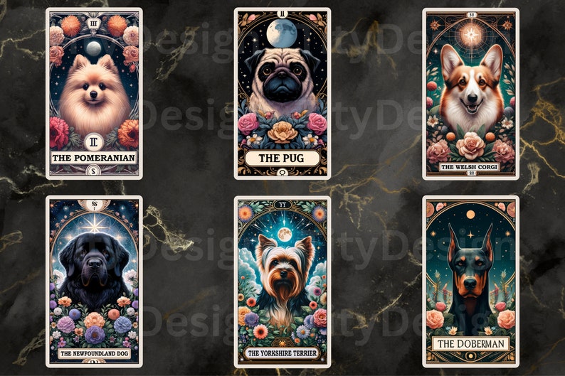 May include: Tarot card deck featuring different dog breeds, each card has a dog breed name and a roman numeral. The cards are illustrated with a dog breed in a colorful floral setting with a moon and stars in the background.