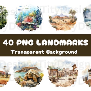 Clipart aquarelle de monuments - sublimation de peinture de voyage - bâtiment de voyage - image de croquis de dessin - fond transparent de 40 png