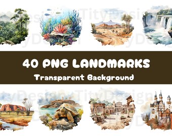 Aquarel monumenten clipart - reis schilderij sublimatie - reizen gebouw - tekenen schetsen afbeelding - 40 png transparante achtergrond