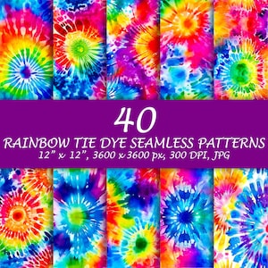 May include: 40 seamless tie dye patterns in vibrant rainbow colors. Each pattern is 12 inches by 12 inches, 3600 pixels by 3600 pixels, and 300 DPI. The patterns are in JPG format.