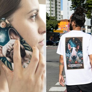 May include: A white t-shirt with a colorful illustration of a bull terrier dog on the back. The illustration is surrounded by a frame and includes the text "The Bull Terrier".