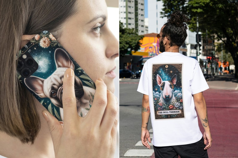 May include: A white t-shirt with a colorful illustration of a bull terrier dog on the back. The illustration is surrounded by a frame and includes the text "The Bull Terrier".