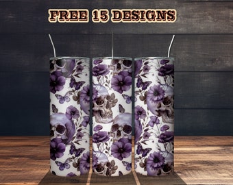 Purple Floral Skulls Halloween Tumbler Wrap - Halloween Flower - 20 30oz Skinny Straight & Tapered PNG Sublimation Design - Instant Download