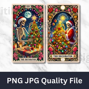 Clipart de la carta del Tarot Decorador - Esqueleto decorando Navidad PNG - Sublimación navideña de brujas - Diseño divertido de camiseta con carta del Tarot - PNG digital