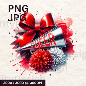 Cheer Red and White Watercolor Sublimation - Cheerleading Design with Pom Poms and Cheer Bow - Sport Digital Download PNG - Encourage