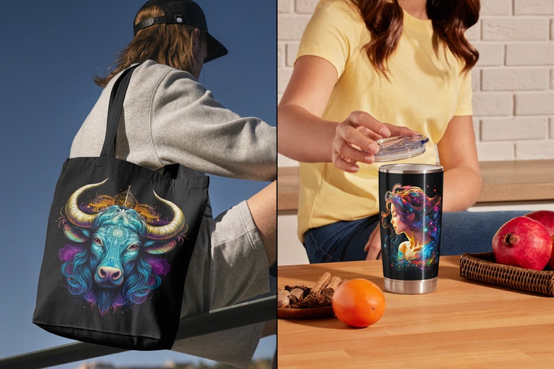 May include: A black tote bag with a colorful illustration of a bull's head. The bull has blue and purple horns and a blue face. The background is black with a colorful design.