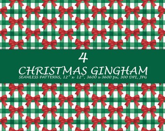 Christmas Watercolor Gingham Seamless pattern - Hand Drawn Green Christmas Seamless Repeat - Red Bow Repeating Pattern - Digital Paper