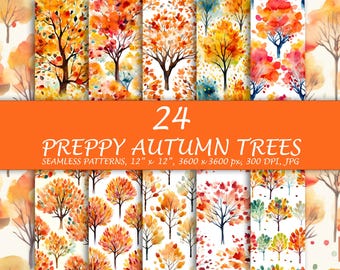 Preppy Autumn Tree Pattern - 24 Seamless Pattern - Autumn Trees Digital Paper - Watercolor Forest Repeat Pattern Background - Autumn Leaves