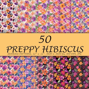 Tropical Seamless Pattern, Bright Tropical Hibiscus Floral Seamless Pattern, Preppy Hibiscus Patterns, Floral Pattern, Summer Digital Paper
