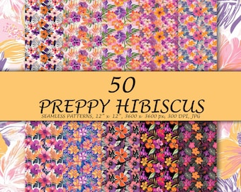 Tropical Seamless Pattern, Bright Tropical Hibiscus Floral Seamless Pattern, Preppy Hibiscus Patterns, Floral Pattern, Summer Digital Paper