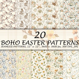 May include: A set of 20 digital seamless patterns featuring a boho Easter theme. The patterns include bunnies, birds, eggs, flowers, and other spring elements. The patterns are 12 inches by 12 inches and are 300 DPI.