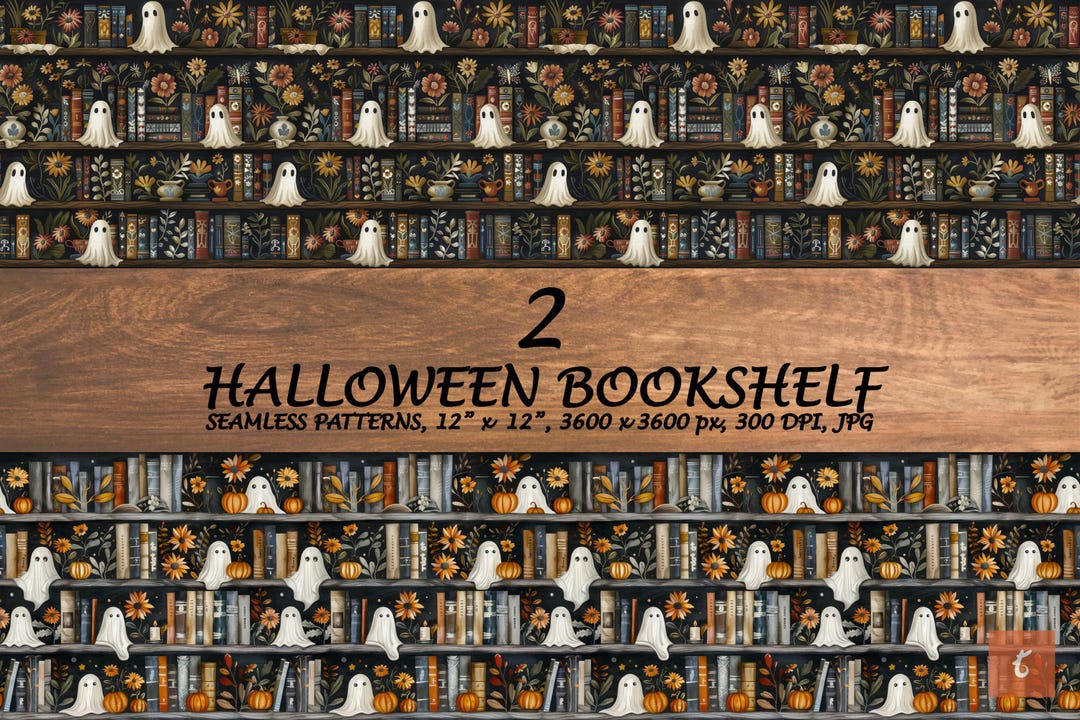 Halloween Bookshelf Pattern - 2 Ghost Library Seamless Patterns - Boho ...