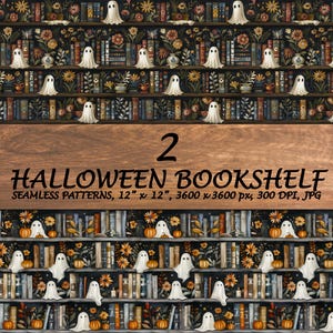 Halloween Bookshelf Pattern - 2 Ghost Library Seamless Patterns - Boho Bookish Ghoul - Reading Contemporary Digital Paper - Spooky Floral