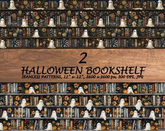 Halloween Bookshelf Pattern - 2 Ghost Library Seamless Patterns - Boho Bookish Ghoul - Reading Contemporary Digital Paper - Spooky Floral
