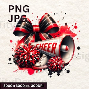 Cheer Red White Black Watercolor Sublimation - Cheer Red White - Cheerleading Design With Pom Poms - Cheer with Megaphone Bow - Cheer Mom