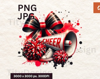 Cheer Red White Black Watercolor Sublimation - Cheer Red White - Cheerleading Design With Pom Poms - Cheer with Megaphone Bow - Cheer Mom