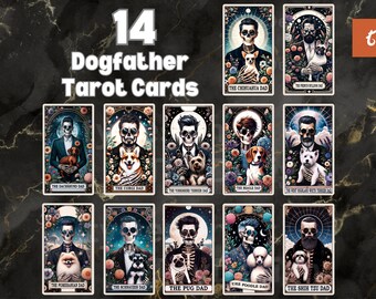 La carta de Tarot Dogfather, 14 cartas de Tarot de Halloween, Papá perro, Amante de los animales de la mafia, mascota encantadora, Carta de Tarot de Papá Chihuahua, Carta de Tarot divertida