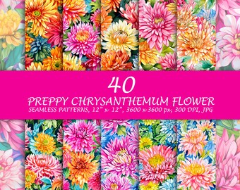 Patrón de flores de crisantemo preppy - 40 papel digital floral - Patrón sin costuras - Flor favorita americana - Flor de otoño - Flor de verano