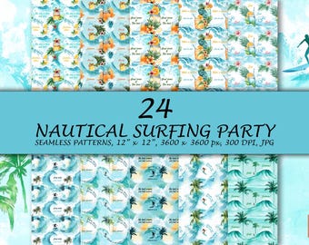 Summer Seamless Pattern, Nautical Surfing Party, Beach Baby Shower, Instant Download, Baby on Board, Surfs up, Under the sea, Hawaiian