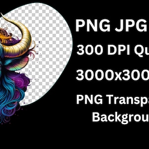 May include: A digital illustration of a blue bull with gold horns and intricate patterns on its face. The bull is set against a black background with a transparent circle behind it. The text "PNG JPG File 300 DPI Quality 3000x3000 px PNG Transparent Background" is displayed in white text.