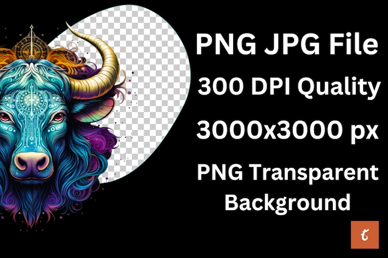 May include: A digital illustration of a blue bull with gold horns and intricate patterns on its face. The bull is set against a black background with a transparent circle behind it. The text "PNG JPG File 300 DPI Quality 3000x3000 px PNG Transparent Background" is displayed in white text.