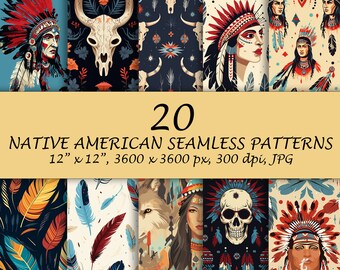 20 Aztec Native American Seamless Pattern Bundle - Boho Scrapbook JPG - Navajo Vibes - Watercolor Tribal Sublimation - Digital Paper