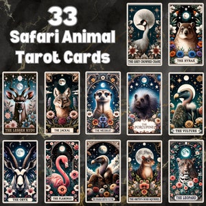 Carte de tarot des animaux Safari - amoureux des animaux - Safari Life - Animal d'Afrique - Sublimation des cliparts 33 drôle de carte de tarot - téléchargement numérique