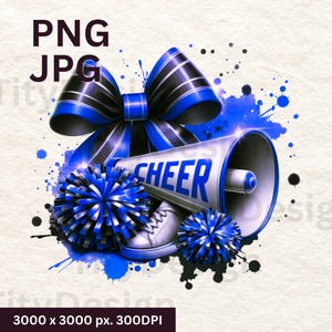 Blue cheer png, Cheer Black Blue Watercolor Sublimation - Cheerleading Design With Pom Poms - Megaphone PNG - School Colorful Cheer Mama
