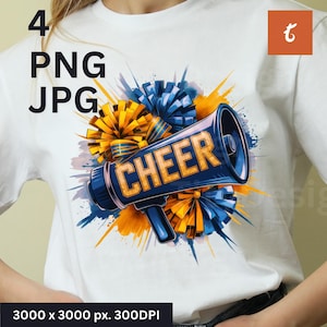Sublimazione acquerello blu e oro - Design maglietta da cheerleading - Clipart fiocco da cheerleading dorato - Megafono blu e giallo PNG